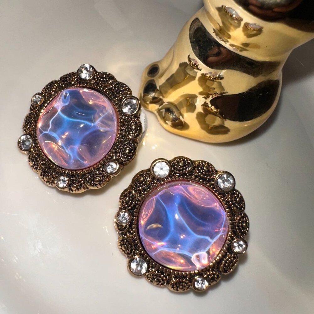 Vintage Gold Iridescent Lavender Dome Earrings with Crystal Accents